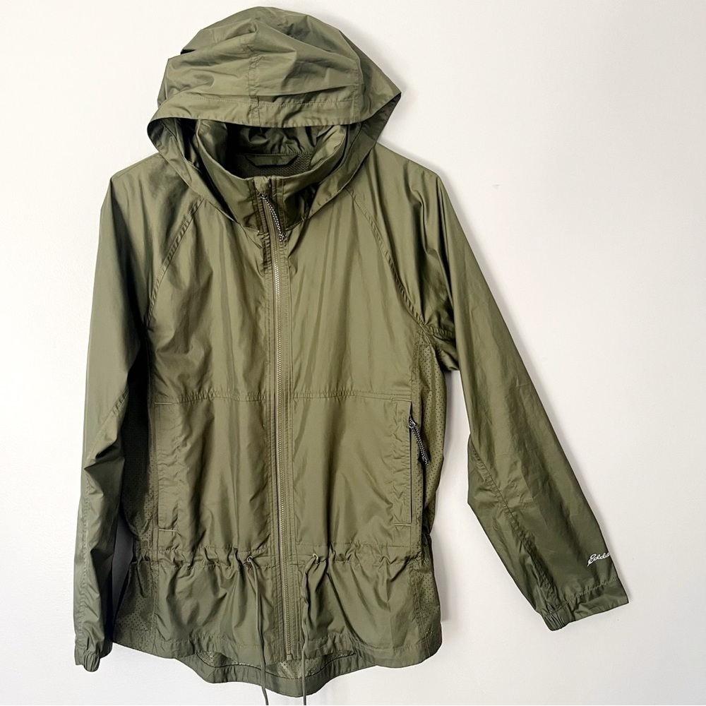 Eddie Bauer Women’s Windbreaker Jacket Medium Army Green Hooded Long Gorpcore